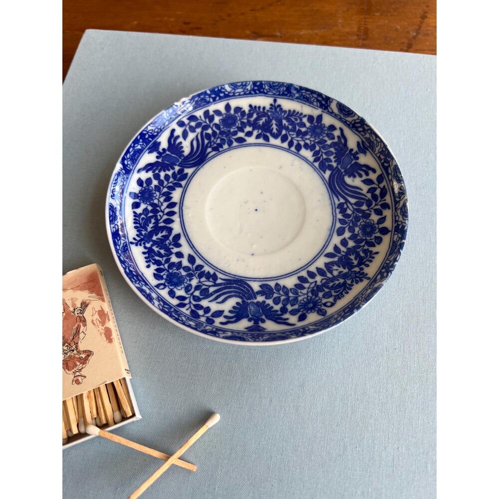 VTG Blue & White Porcelain Transferware Saucer 5.5" Japanese Chinoiserie Coastal